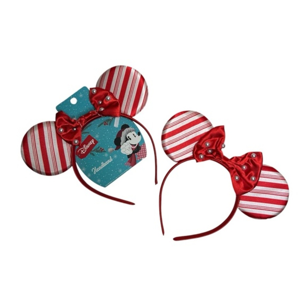 2 Disney Minnie Mouse Holidays Valentines headbands Red White Stripes Bow Pearls